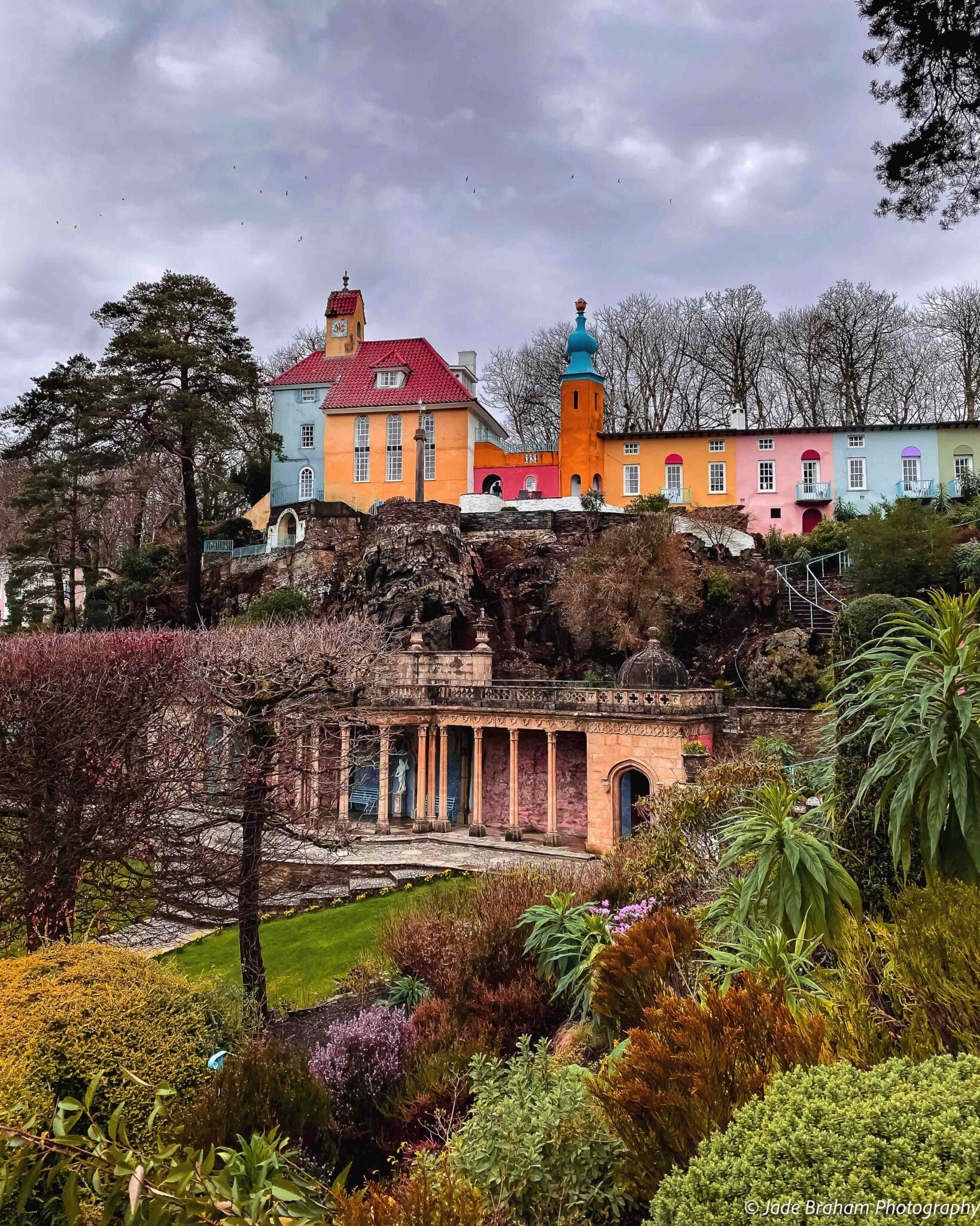 Portmeirion is a colourful place with Italian-style buildings.