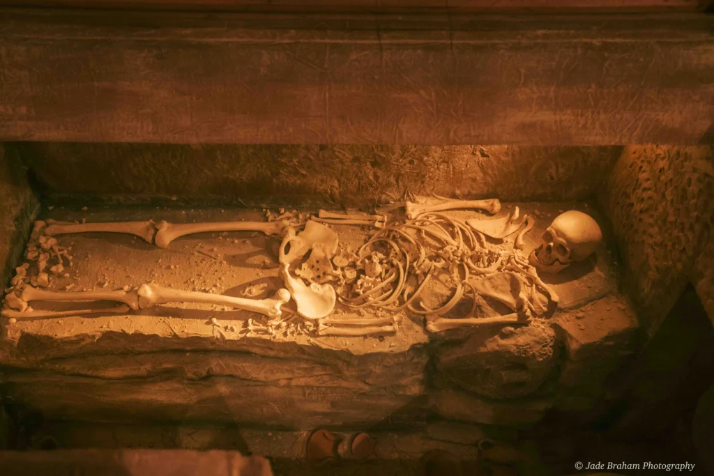 There is a skeleton in a grave in the museum room.