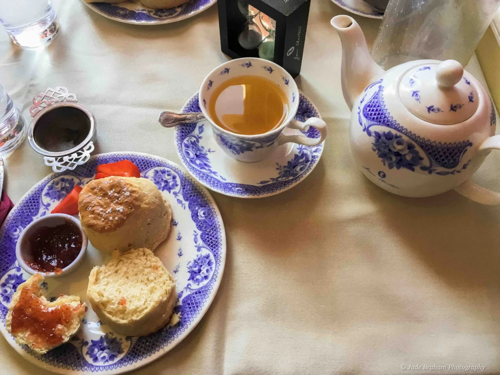 Afternoon tea in the Jane Austen Centre with Green tea and scones and jam