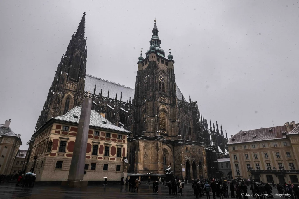 The exterior of Prague Cathedral is gothic and ornate. 