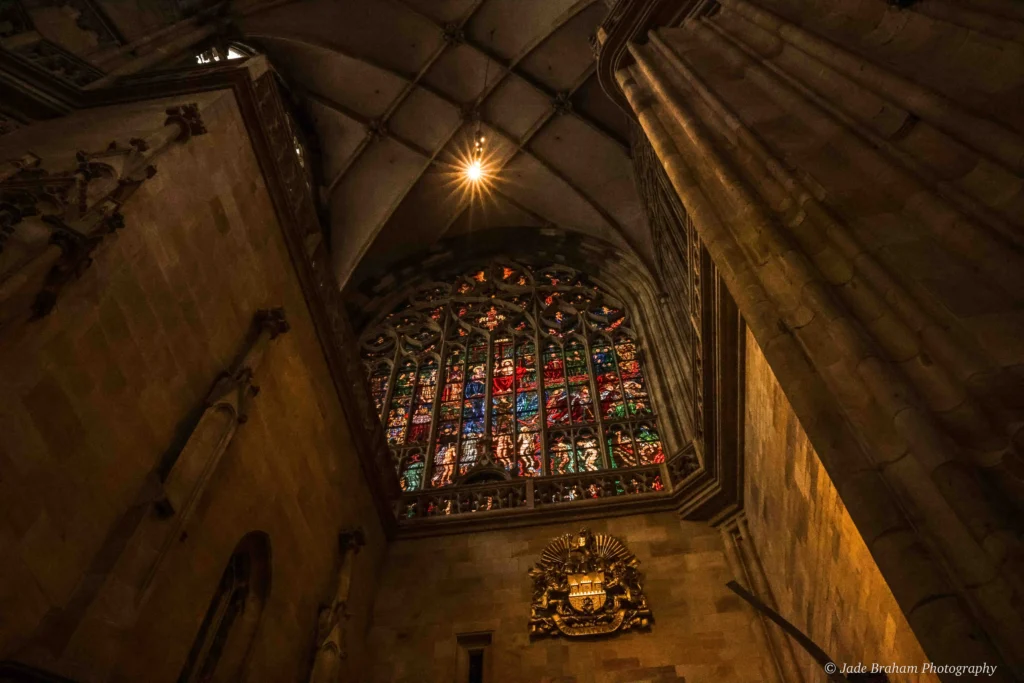 Inside Prague Castle Cathedral has many stained glass windows. 