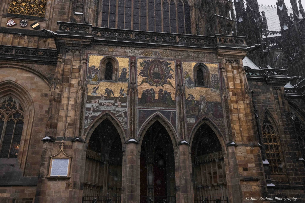 The exterior of Prague Cathedral is gothic and ornate. 