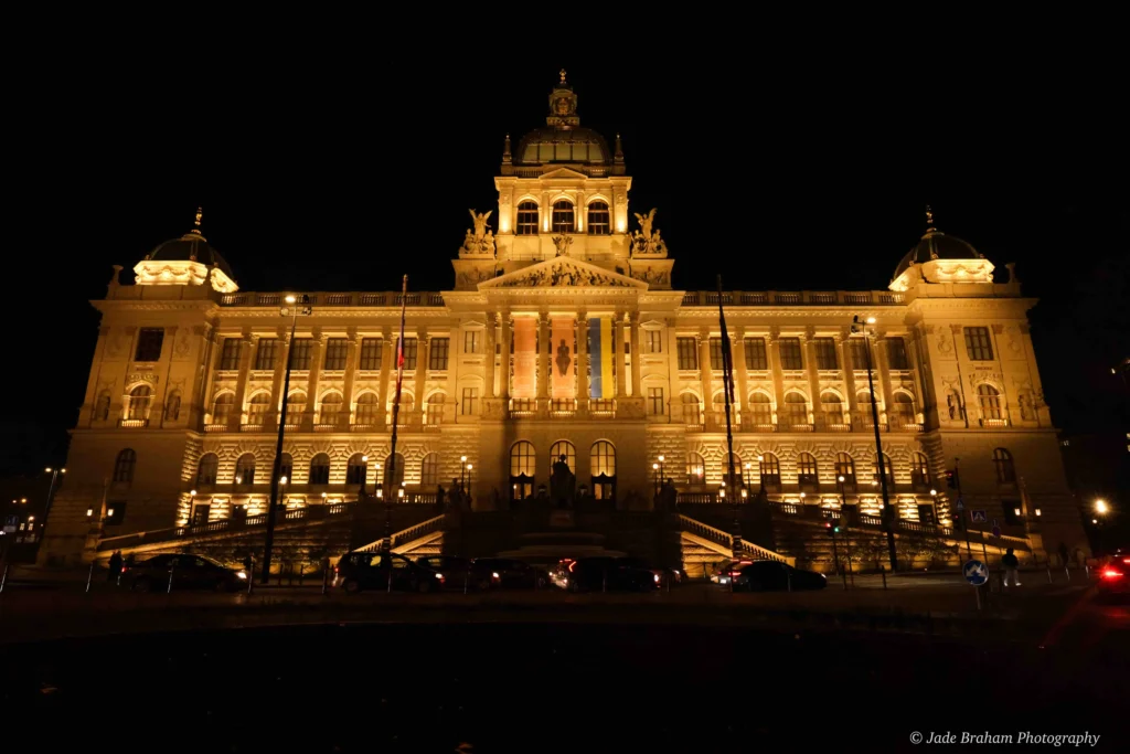 The National Museum is lit up at night.