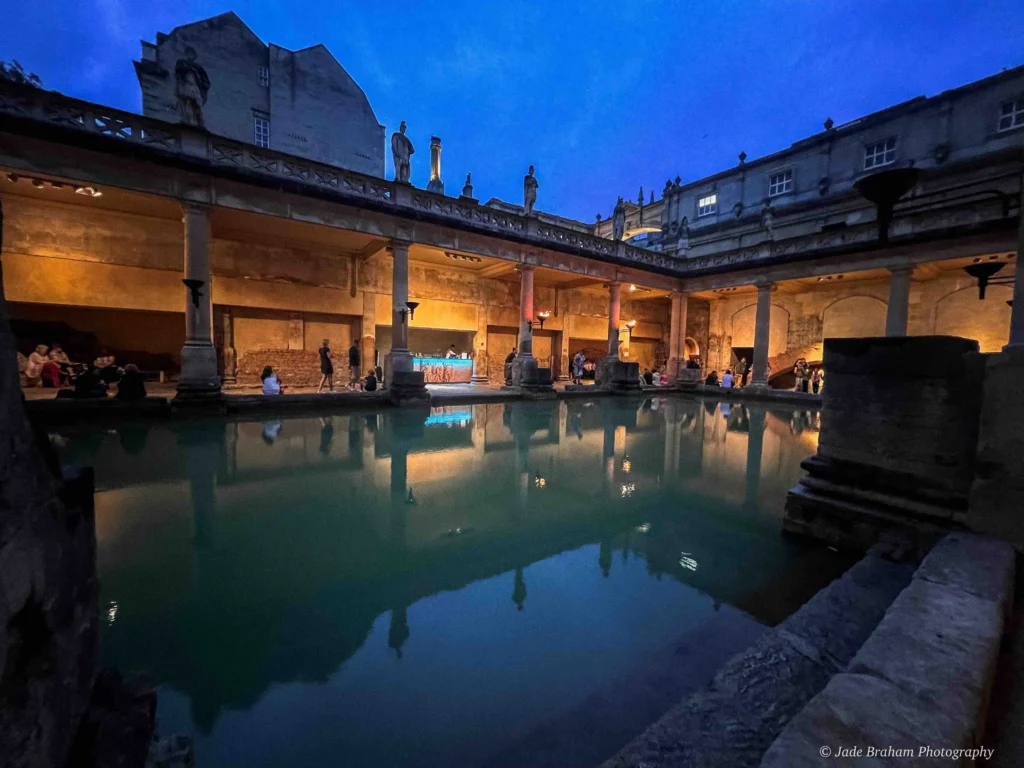 A weekend in Bath must include a nighttime visit to the Roman Baths which are illuminated by fire torches