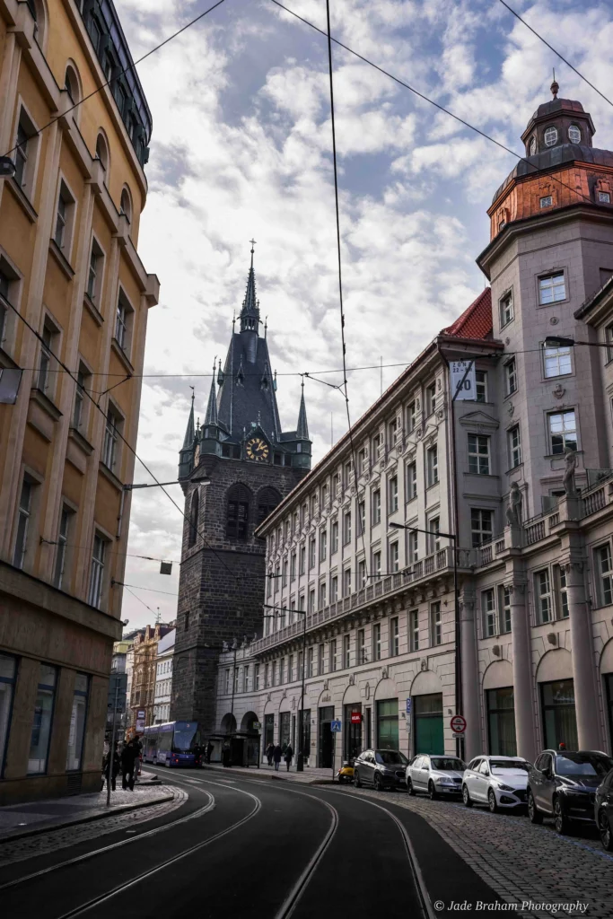 Prague city centre has lots of elegant, tall buildings.