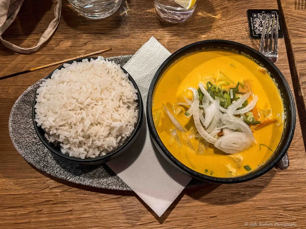 Thai Yellow Curry topped with shallots and sticky white rice 