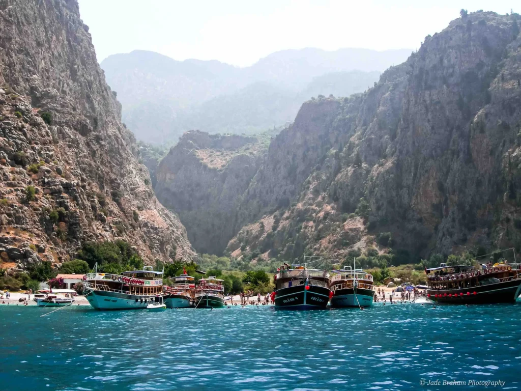 12 Island Boat Trip from Fethiye Harbour. Boats are docked at isloated islands. 