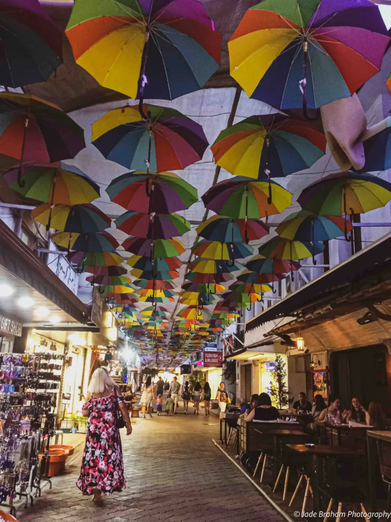 Visiting the old town in Fethiye has many umbrellas hanging from the ceiling. 