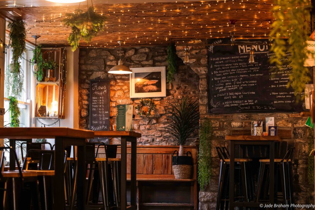 A warm and cosy cafe with fairy lights and indoor plants. 