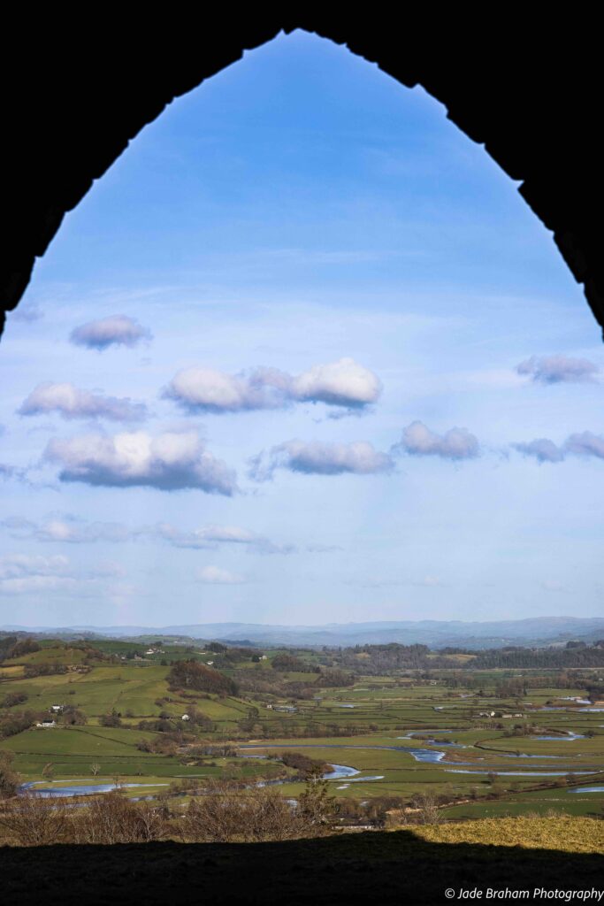 Rolling hills and the meandering River Tywi can be seen from Paxton's Tower.